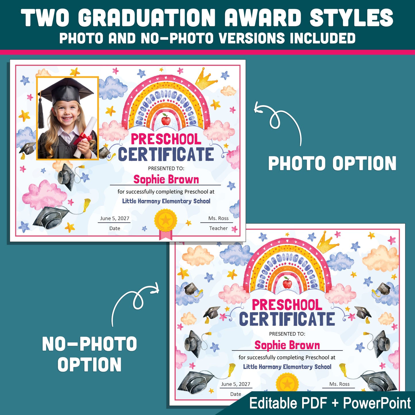 Editable Certificate of Completion, One Template Any Grade Graduation Diploma, Pre-K Preschool to 1st–8th & Beyond, PDF PowerPoint Templates