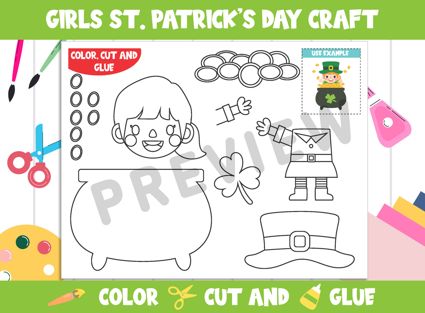 Girls St. Patrick's Day Craft Activity : Color, Cut, and Glue for PreK to 2nd Grade, PDF File, Instant Download