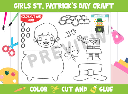 Girls St. Patrick's Day Craft Activity : Color, Cut, and Glue for PreK to 2nd Grade, PDF File, Instant Download