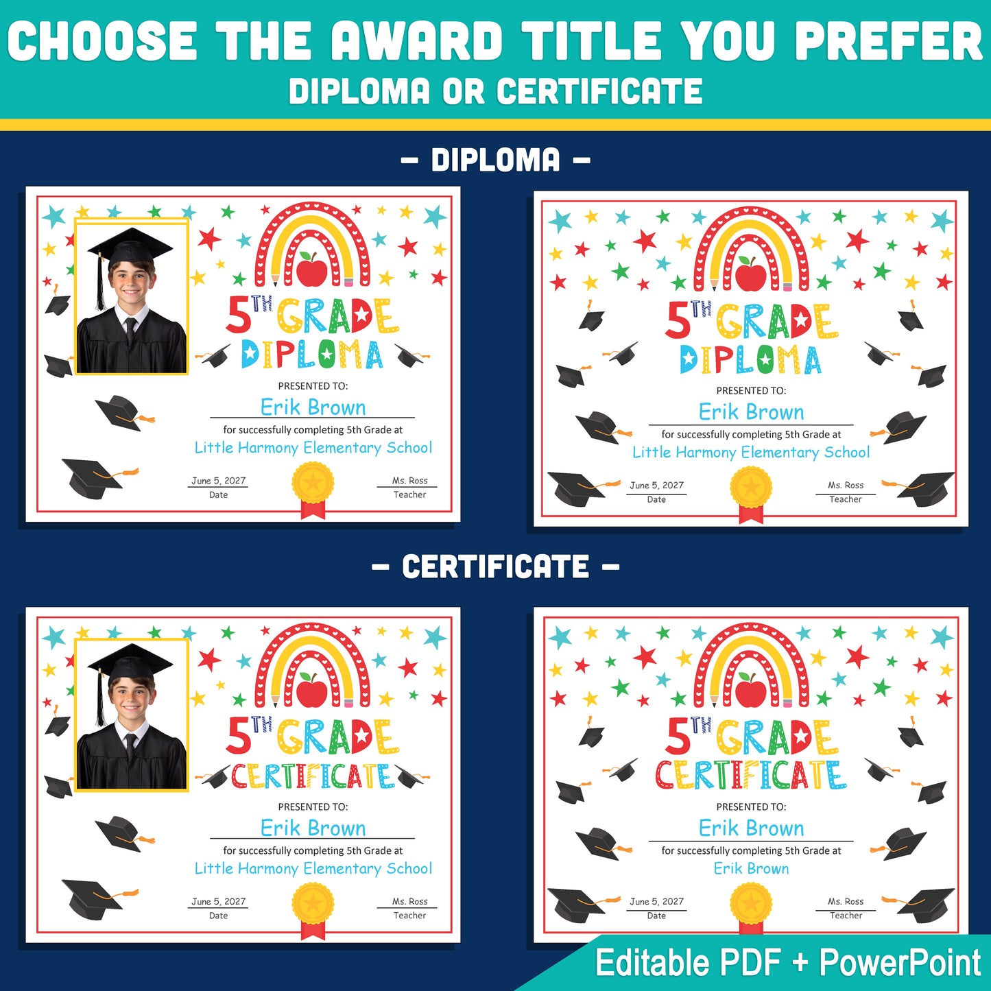 Editable 4th Graduation Diploma & Certificate Set, Printable Rainbow Stars Awards, Photo and No-Photo Options, PDF, PowerPoint, Canva