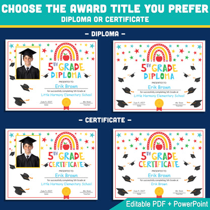 Editable 4th Graduation Diploma & Certificate Set, Printable Rainbow Stars Awards, Photo and No-Photo Options, PDF, PowerPoint, Canva