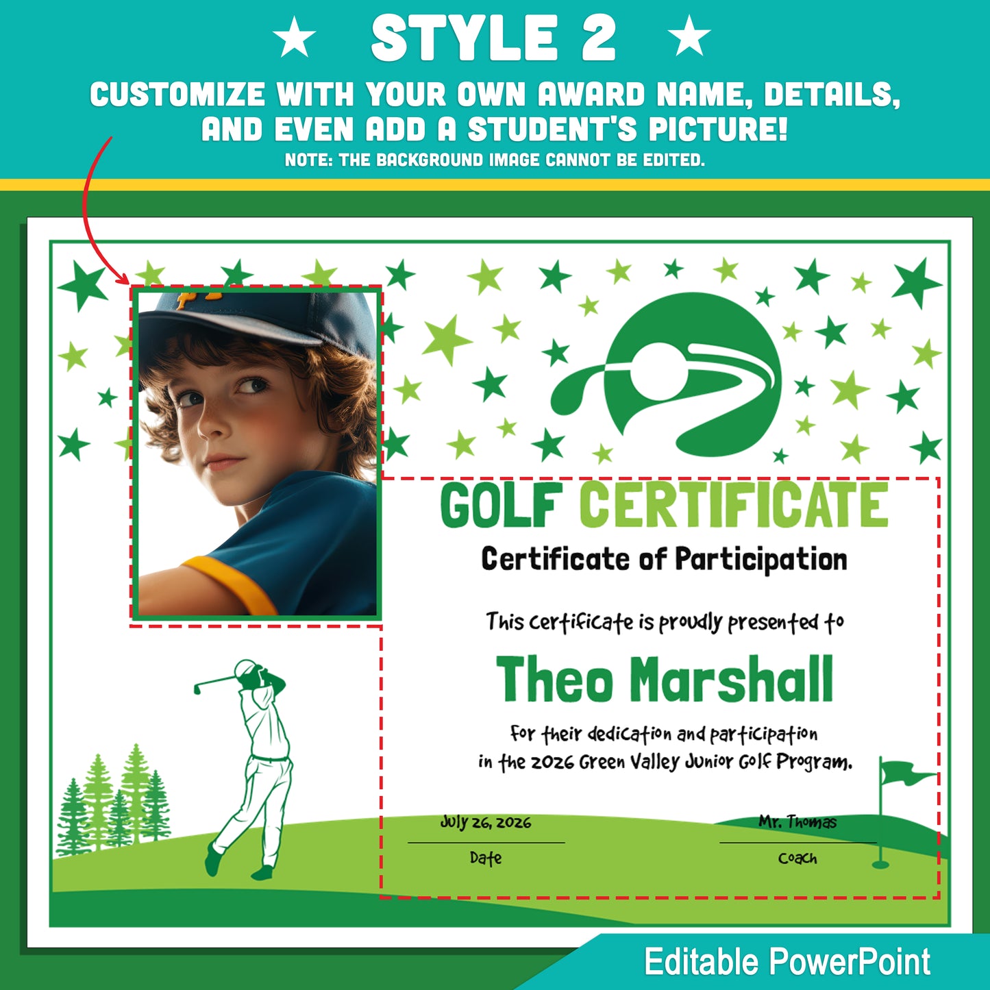 Editable Golf Certificates | 4 Styles with Photo Options | Youth Lesson Awards, Player Recognition - 8.5x11 PowerPoint Instant Download