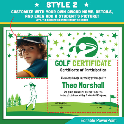 Editable Golf Certificates | 4 Styles with Photo Options | Youth Lesson Awards, Player Recognition - 8.5x11 PowerPoint Instant Download