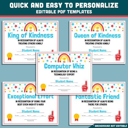 Editable Classroom Awards, Printable Certificates Bundle, 26 Student Recognition Designs, Classroom Celebration Pack, Teacher Friendly Resource