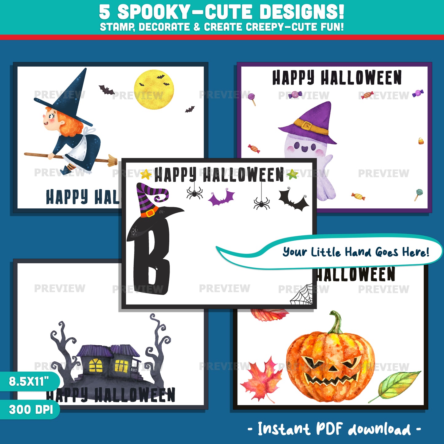 Happy Halloween Handprint Crafts, 5 Printable Designs, 8.5x11", Stamp & Decorate Little Hands into Spooky Halloween Art, PDF Instant Download