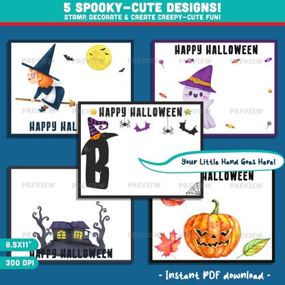 Happy Halloween Handprint Crafts, 5 Printable Designs, 8.5x11", Stamp & Decorate Little Hands into Spooky Halloween Art, PDF Instant Download