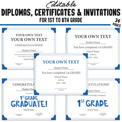 Printable 1st Grade Diplomas, Certificates, and Invitation Templates in a Simple & Modern Blue Theme - PDF Instant Download