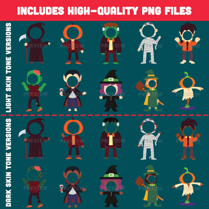 Printable Halloween Character Body Templates for Kids, 10 Designs, Light & Dark Skin Tone Included, High-Res 300 DPI PDF + PNG, Fun Face Craft