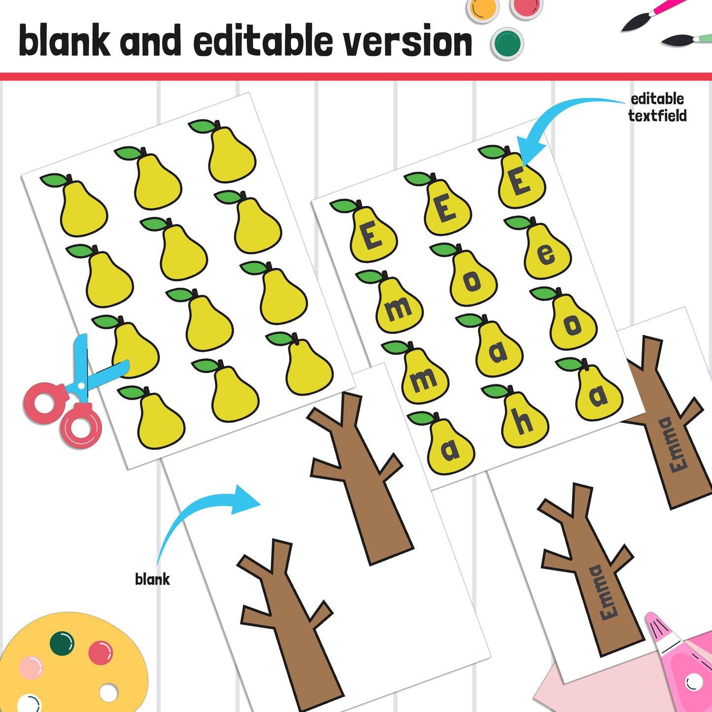 Pear Tree Name Craft: Fall Activity, Back to School Bulletin Board, 32 Pages, 2 Sizes, Blank & Editable, Color and Black-and-White Versions