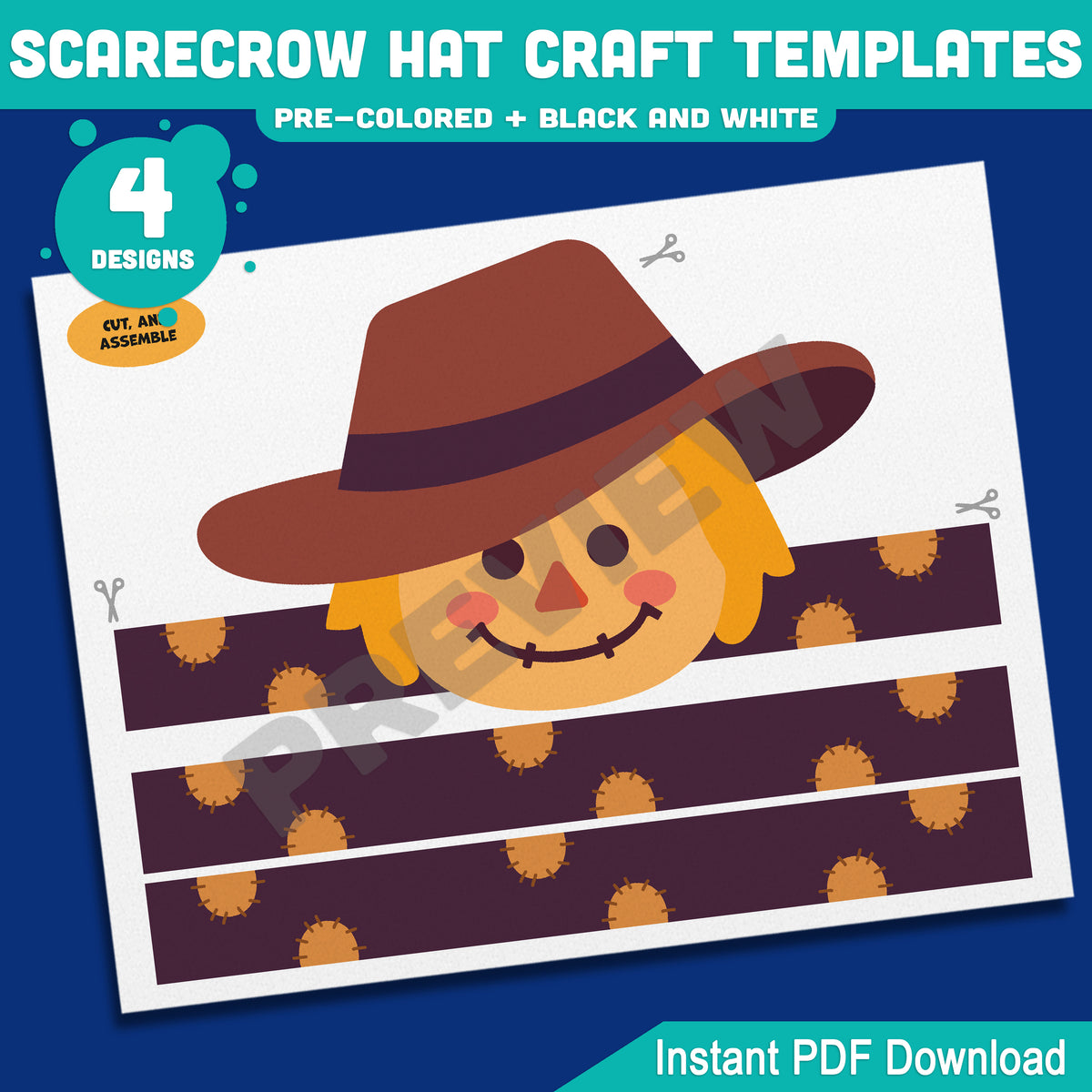 Scarecrow Hat Craft Templates, Autumn Paper Crown, Printable Headband & Hat, Pre-Colored and Black & White, Fall Craft, 4 Designs, A4, US Letter
