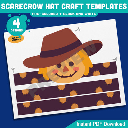 Scarecrow Hat Craft Templates, Autumn Paper Crown, Printable Headband & Hat, Pre-Colored and Black & White, Fall Craft, 4 Designs, A4, US Letter
