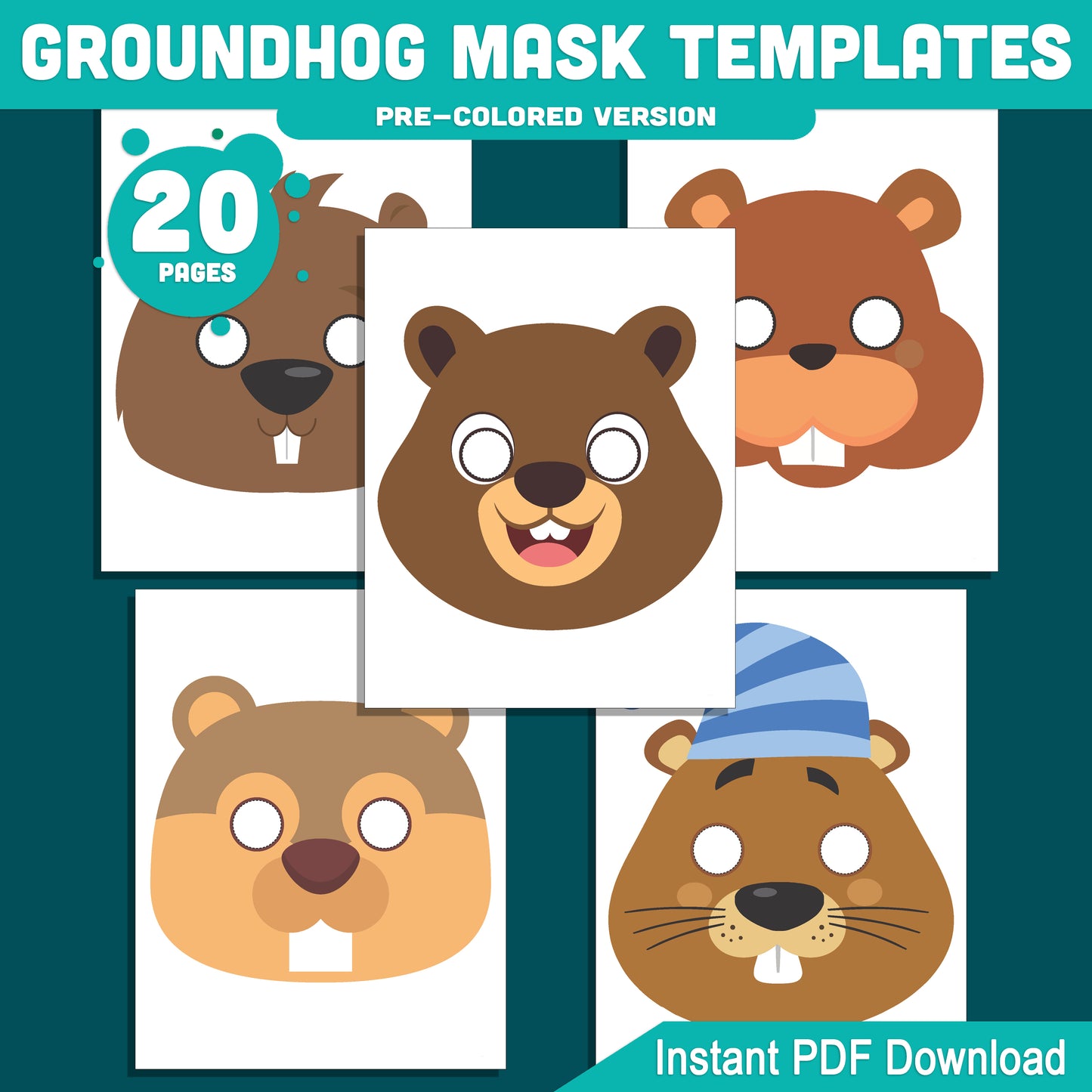 Groundhog Mask Templates for Kids – Fun Groundhog Day Classroom Activity, 10 Printable Paper Mask Designs, Pre-Colored + Black and White, PDF Download