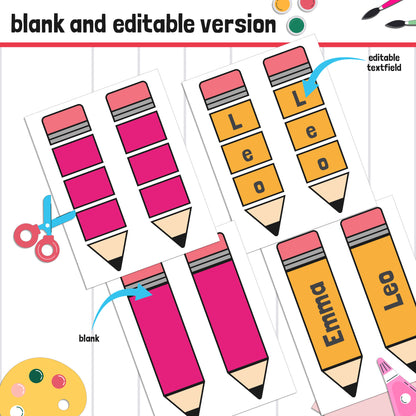 Pencil Name Craft Activity: Back to School Bulletin Board, 40 Pages, 2 Options, Blank & Editable, Color and Black-and-White Versions