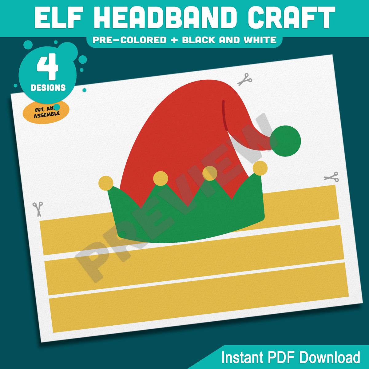 Elf Headband Craft, Holiday Coloring Activity for Kids, Cut and Assemble Paper Hat