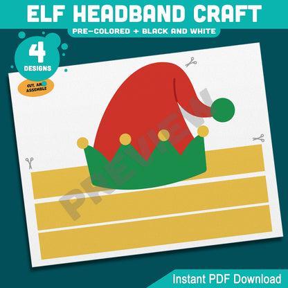 Elf Headband Craft, Holiday Coloring Activity for Kids, Cut and Assemble Paper Hat