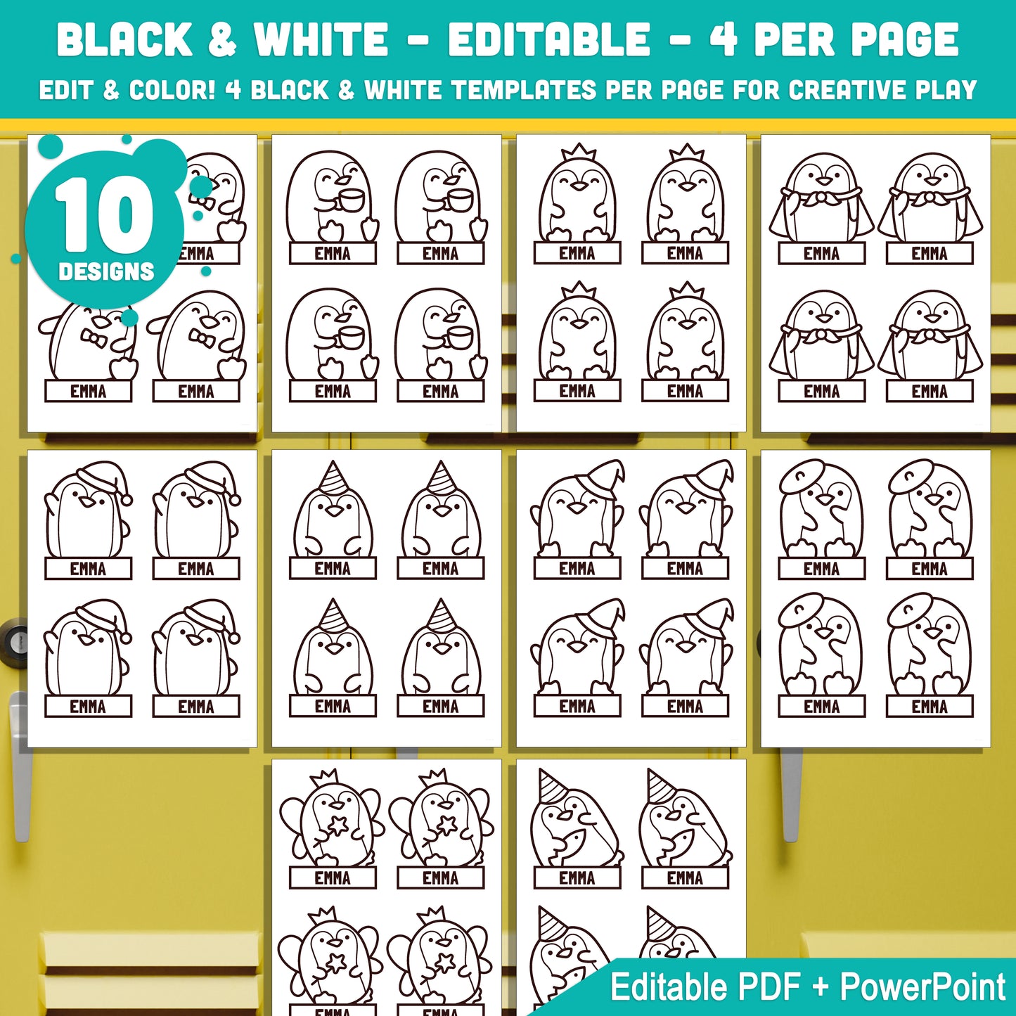 Editable Cubby and Locker Labels, Penguin Themed – 40 Pages, Pre-Colored + Black & White, PDF + PowerPoint