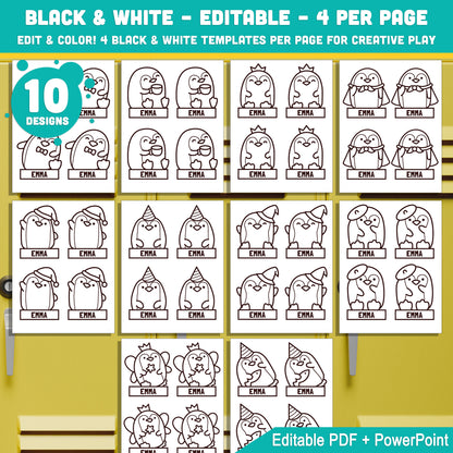 Editable Cubby and Locker Labels, Penguin Themed – 40 Pages, Pre-Colored + Black & White, PDF + PowerPoint