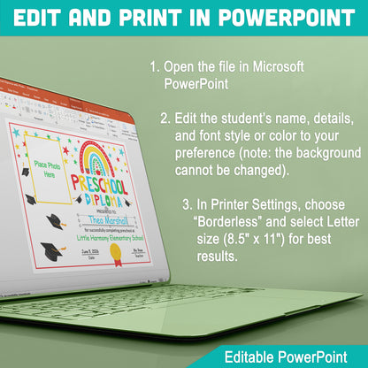 Preschool Diploma with Photo Graduation Certificate Template: Editable Letter Size PDF + PowerPoint for Easy Customization, Instant Download Available!