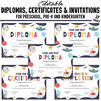 Printable and Editable Kindergarten, Pre-K, and Preschool Completion Certificates, Diplomas & Invitations, PDF Files, Instant Download