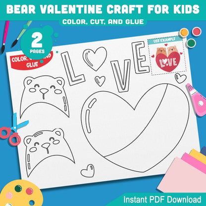 Kids' Valentine Bear Craft: Fun Color, Cut, and Glue Activity for PreK to 2nd Grade, Perfect for Holidays at Home or School, Instant PDF