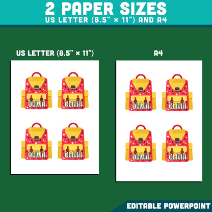 School Backpack Name Tags, Editable Locker & Cubby Labels, Personalized Student Belongings, PowerPoint, 10 Designs, Classroom Setup, US Letter, A4