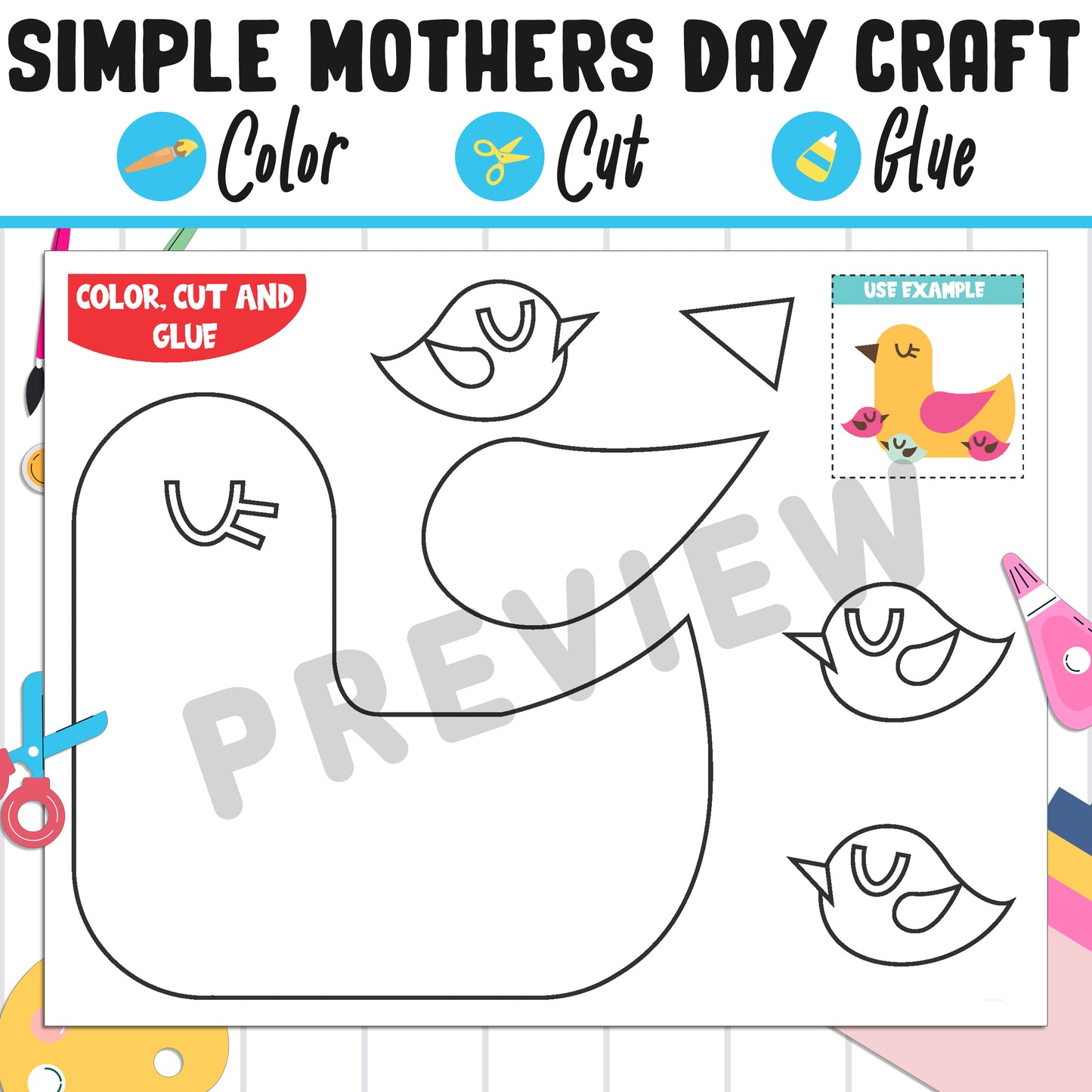 Simple Mothers Day Craft for Kids : Color, Cut, and Glue, a Fun Activity for Pre K to 2nd Grade, PDF Instant Download