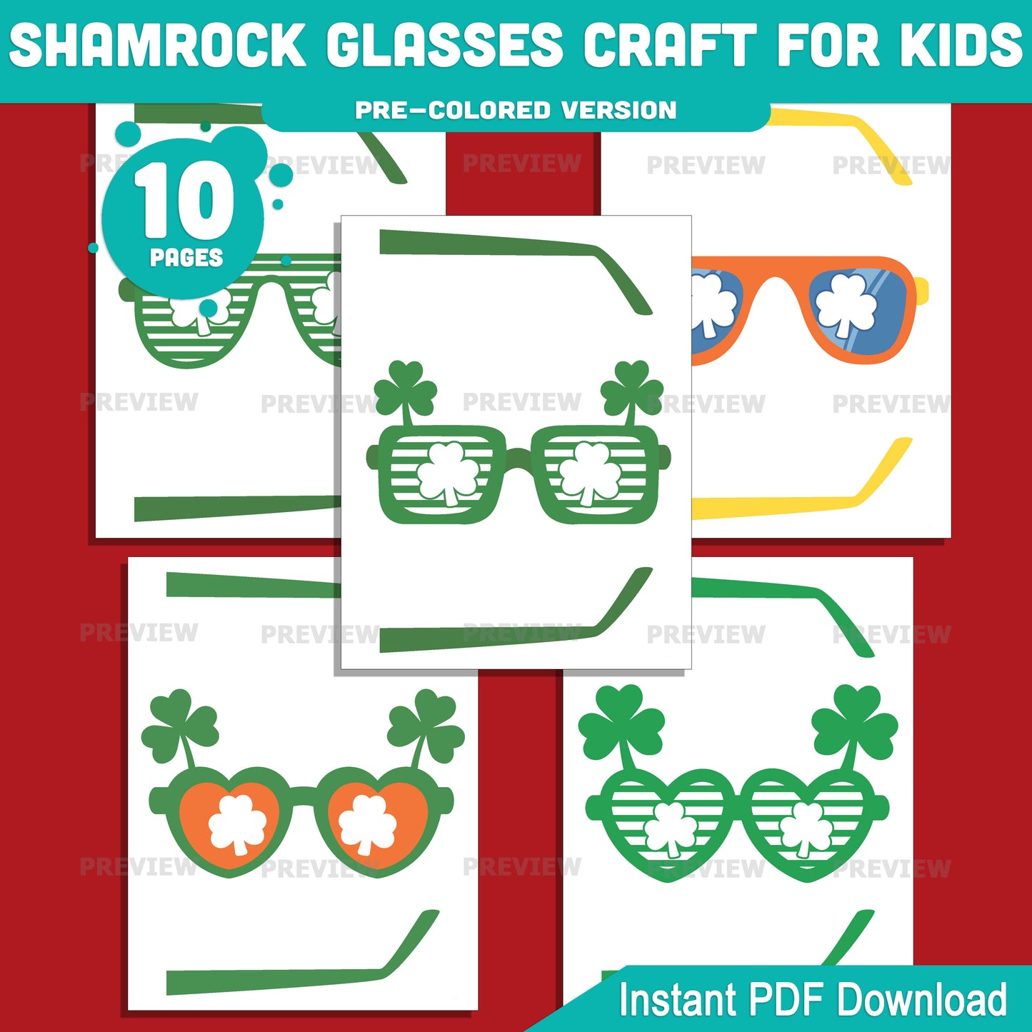 Printable Shamrock Glasses Craft for Kids, St. Patrick’s Day Glasses Craft Activity, 10 Shamrock Designs, Pre-Colored and Black White PDF