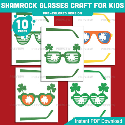 Printable Shamrock Glasses Craft for Kids, St. Patrick’s Day Glasses Craft Activity, 10 Shamrock Designs, Pre-Colored and Black White PDF
