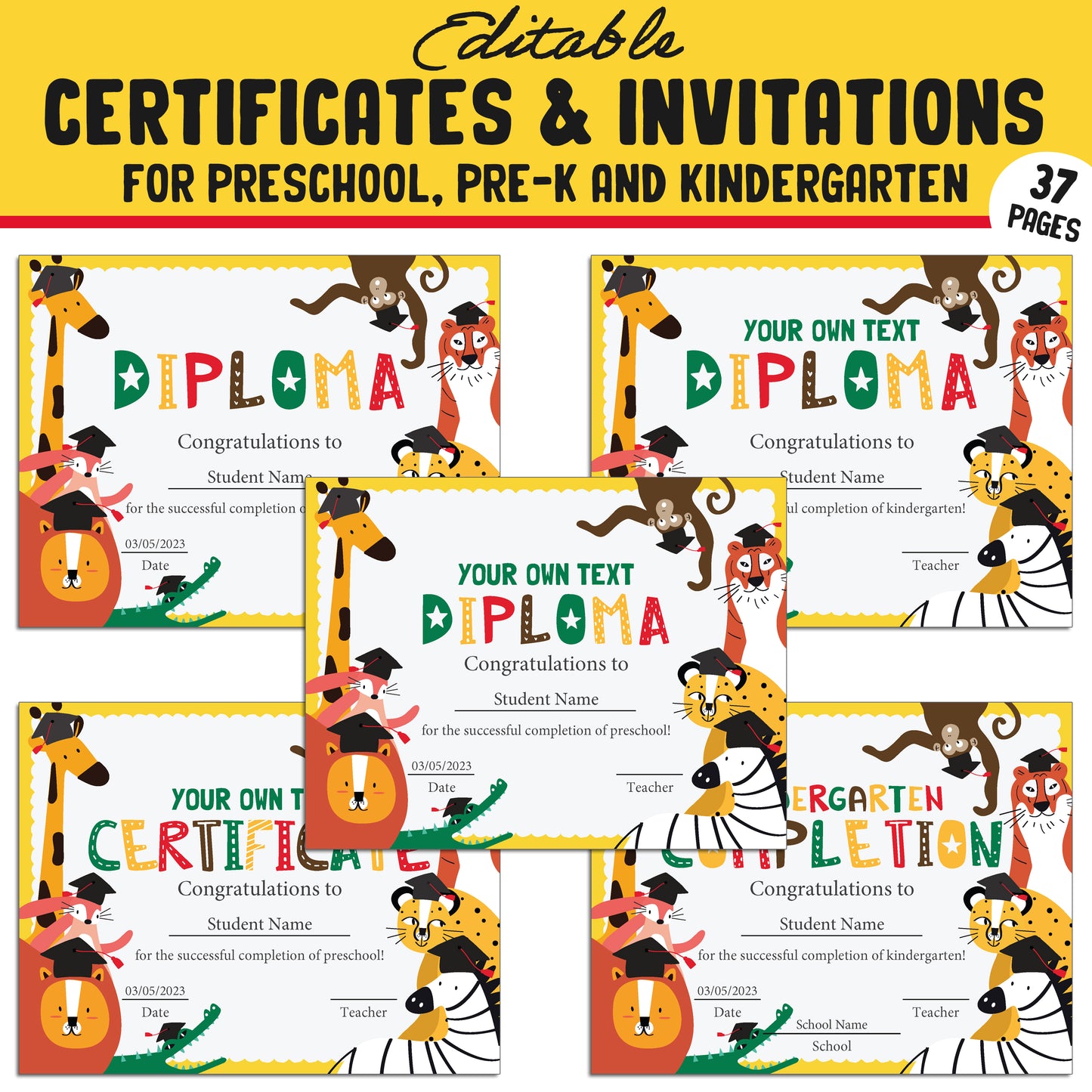 Fun Editable Certificates and Invitations for Preschool, Pre-K, and Kindergarten – 37 Customizable Pages, PDF Instant Download