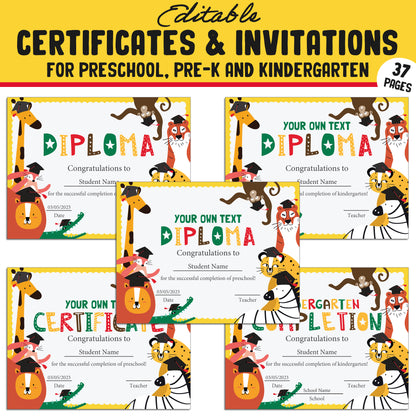 Fun Editable Certificates and Invitations for Preschool, Pre-K, and Kindergarten – 37 Customizable Pages, PDF Instant Download