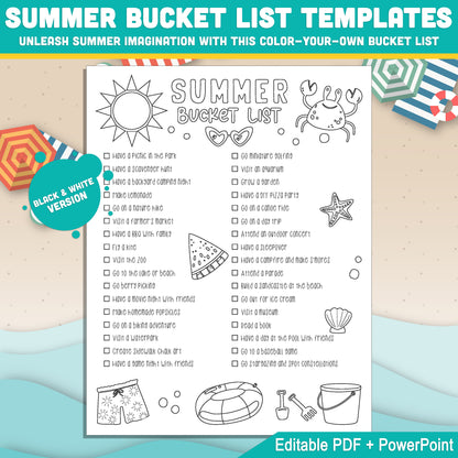 Summer Activity Checklist for Children: Editable Bucket List & Goals Planner PDF and PowerPoint Templates – Fun Black & White Pages Included
