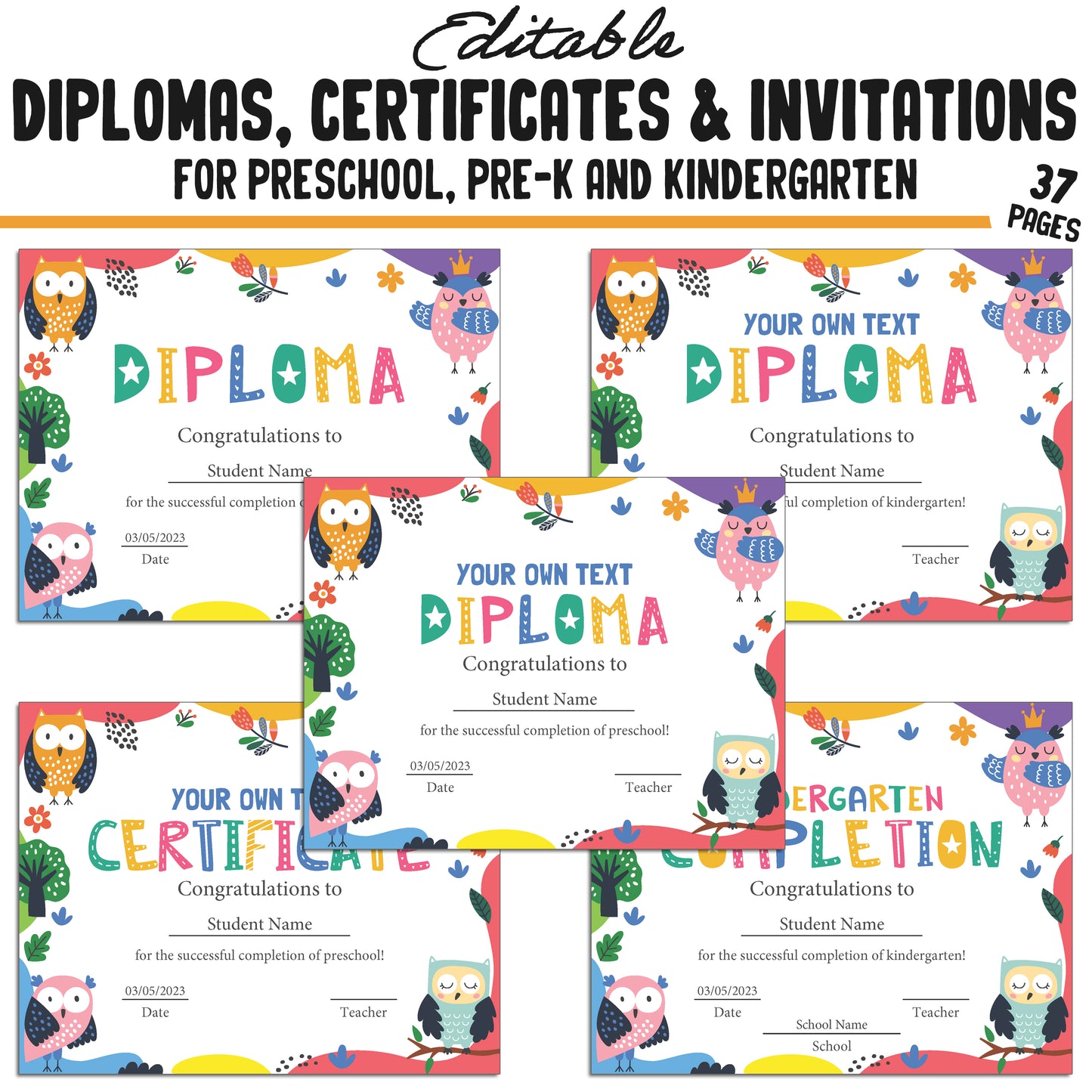 37 Editable Kindergarten, Pre-K, and Preschool Certificates of Completion, Graduation Invitations, Diplomas, and Certificate Templates