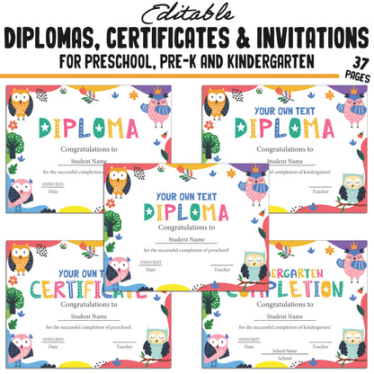 37 Editable Kindergarten, Pre-K, and Preschool Certificates of Completion, Graduation Invitations, Diplomas, and Certificate Templates