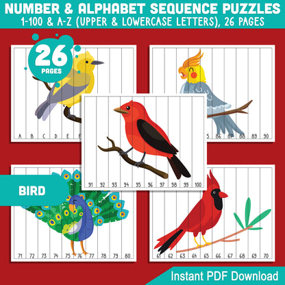 Bird Number and Alphabet Stripe Puzzles: 1-100 Counting and A-Z Sequencing for Toddlers, Preschool, and Kindergarten, Fun for Math Centers, Printable PDF Download