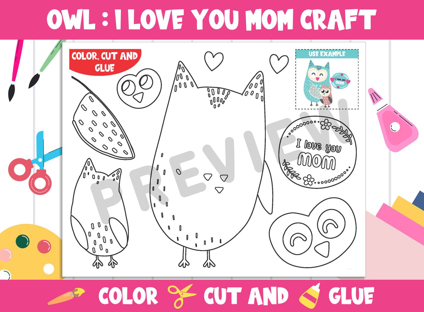 Owl : I Love You Mom, Mother's Day Craft Activity - Color, Cut, and Glue for PreK to 2nd Grade, PDF File, Instant Download