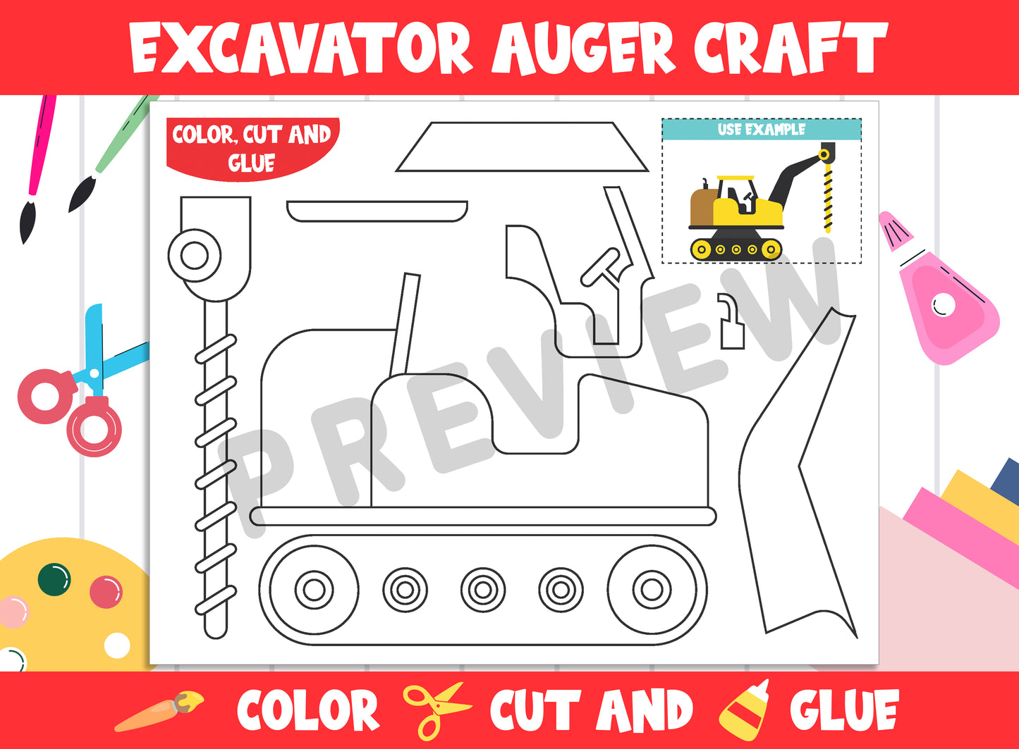 Excavator Auger Craft Activity - Color, Cut, and Glue for PreK to 2nd Grade, PDF File, Instant Download