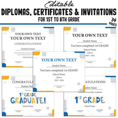 Editable 1st Grade Diploma, 1st-8th Grade Certificates, and Invitation Templates in a Simple & Modern Theme, PDF Instant Download.