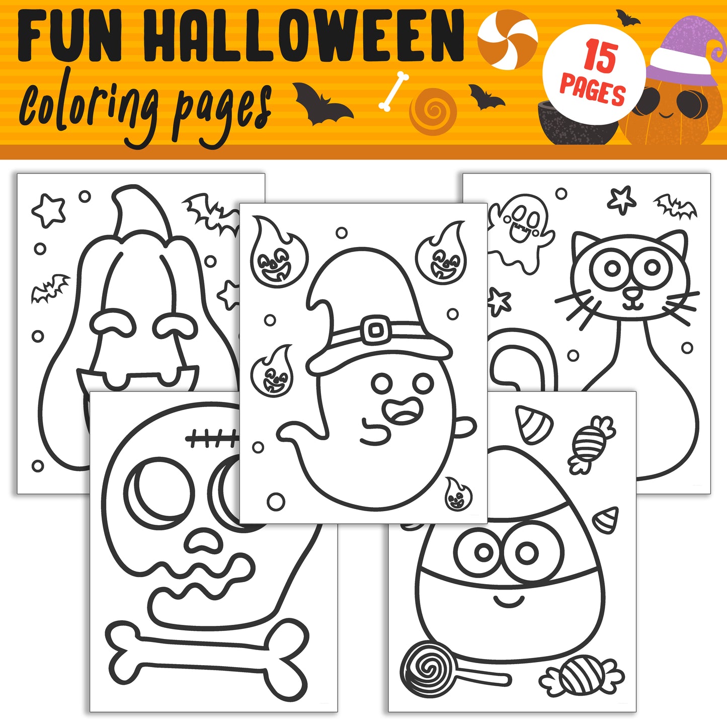 Fun and Simple Halloween Coloring Pages: 15 High-Resolution Holiday Designs, Instant PDF Download