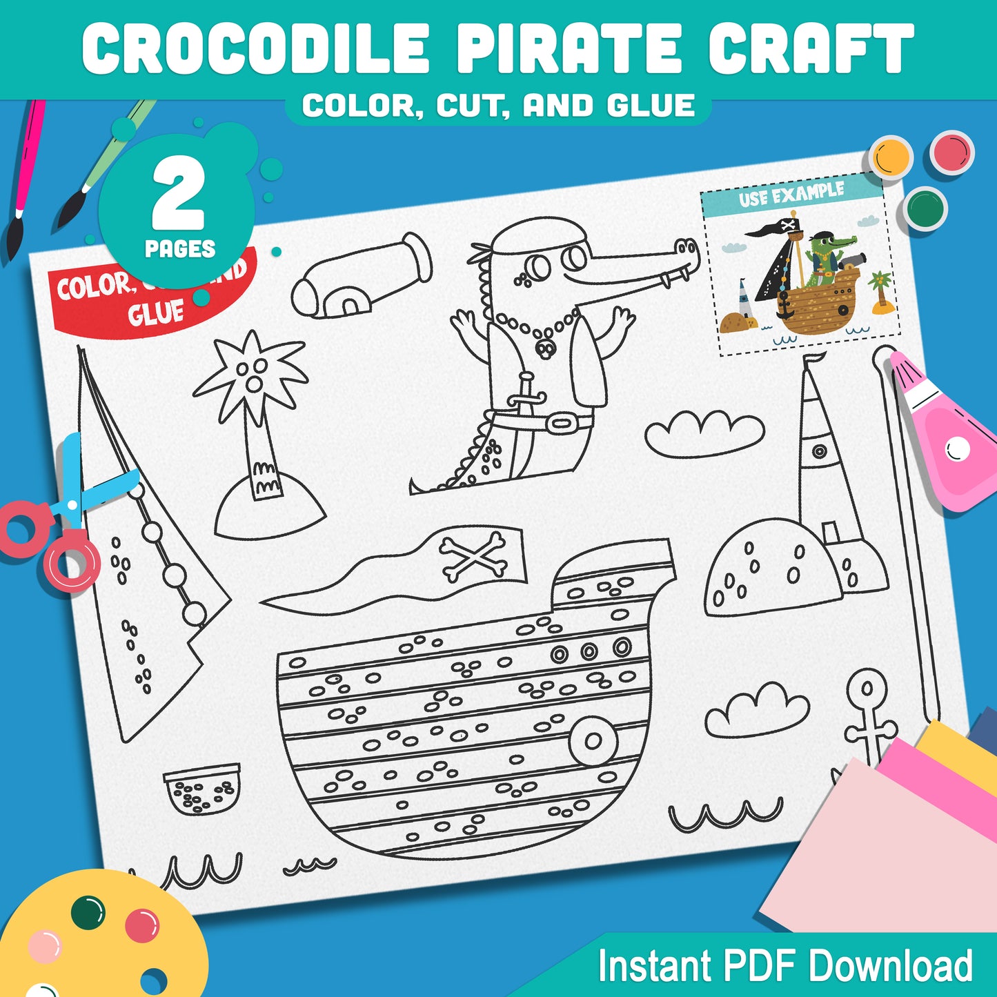 Crocodile Pirate Craft for Kids: DIY Color, Cut & Glue Art Activity for Creative Fun, Encouraging Imagination & Learning, Instant Download Available