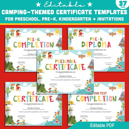 Preschool to Kindergarten Camping Certificate Pack – 37 Editable Templates with Diplomas & Invitations, Fun Outdoor Theme PDF Download