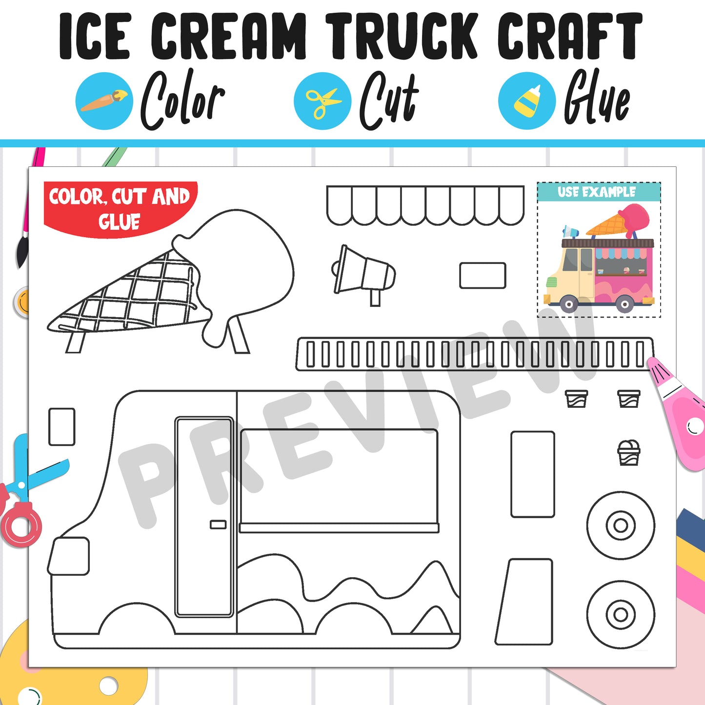 Ice Cream Truck Craft for Kids : Color, Cut, and Glue, a Fun Activity for Pre K to 2nd Grade, PDF Instant Download