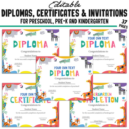 37 Editable Kindergarten, Pre-K, and Preschool Diplomas, Certificates, and Invitations Templates, PDF Files, Instant Download