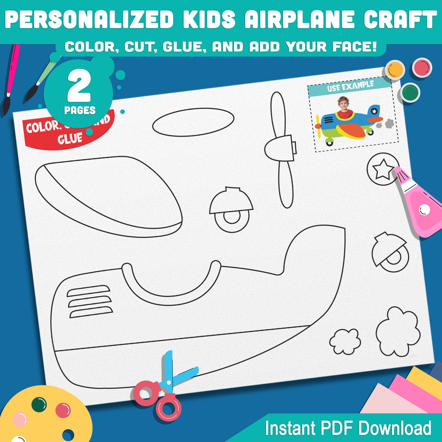 Kids Personalized Airplane Craft: DIY Fun Color, Cut, Glue, and Add Your Face, Creative Learning Activity, Instant Download PDF for Home or School