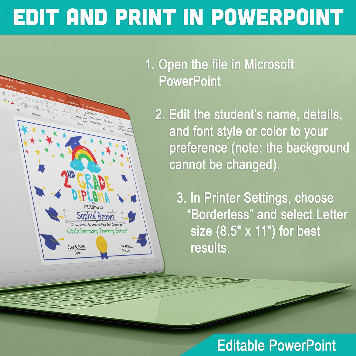 Editable Second Grade Diploma Template: PDF & PowerPoint, Perfect for Graduation, Achievement Recognition, and Special Ceremonies, Letter Size