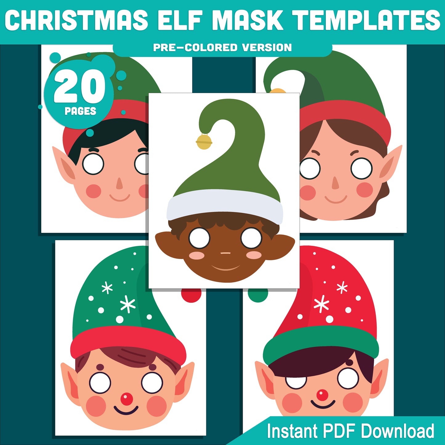 Printable Christmas Elf Mask Templates: Holiday Craft for Kids, 10 Designs, Pre-Colored + Black and White, Perfect for School Plays, Parties, or Home Fun, PDF