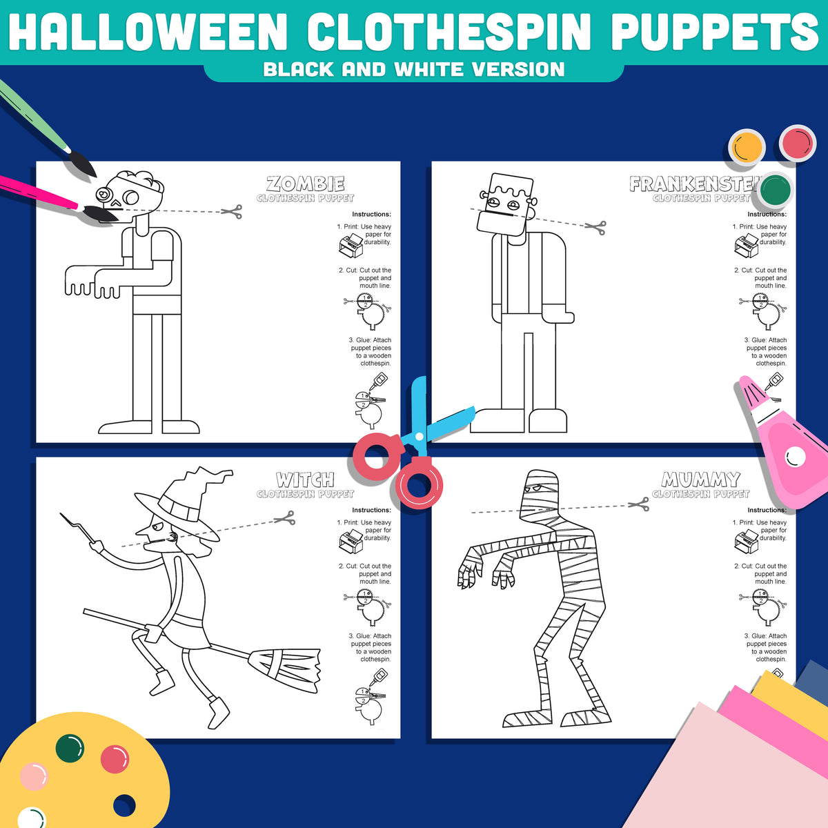 Halloween Fine Motor Craft, Printable Clothespin Puppets, Zombie, Mummy, Witch and Frankenstein