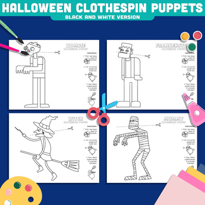 Halloween Fine Motor Craft, Printable Clothespin Puppets, Zombie, Mummy, Witch and Frankenstein