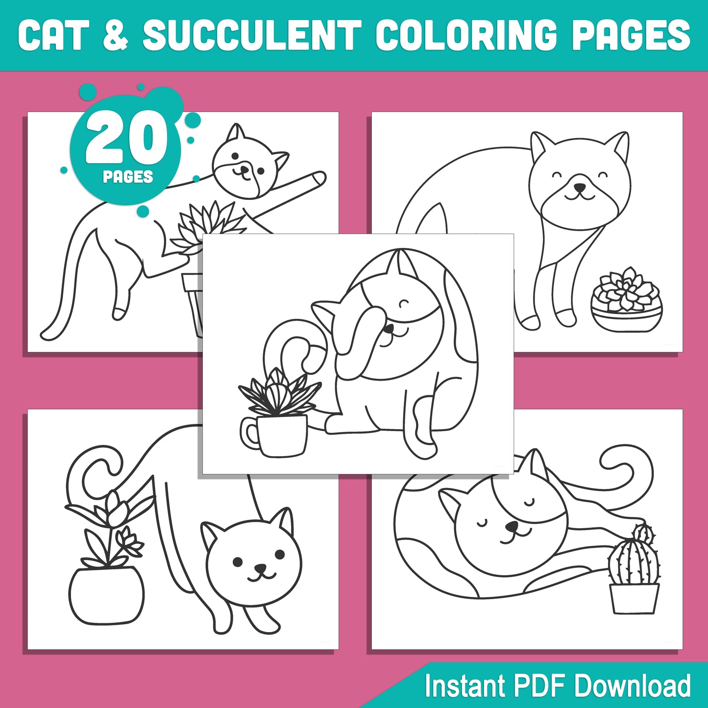 20 Cat and Succulent Coloring Pages for Kids & Adults – Fun, Relaxing, and Creative Activity, Printable PDF Instant Download