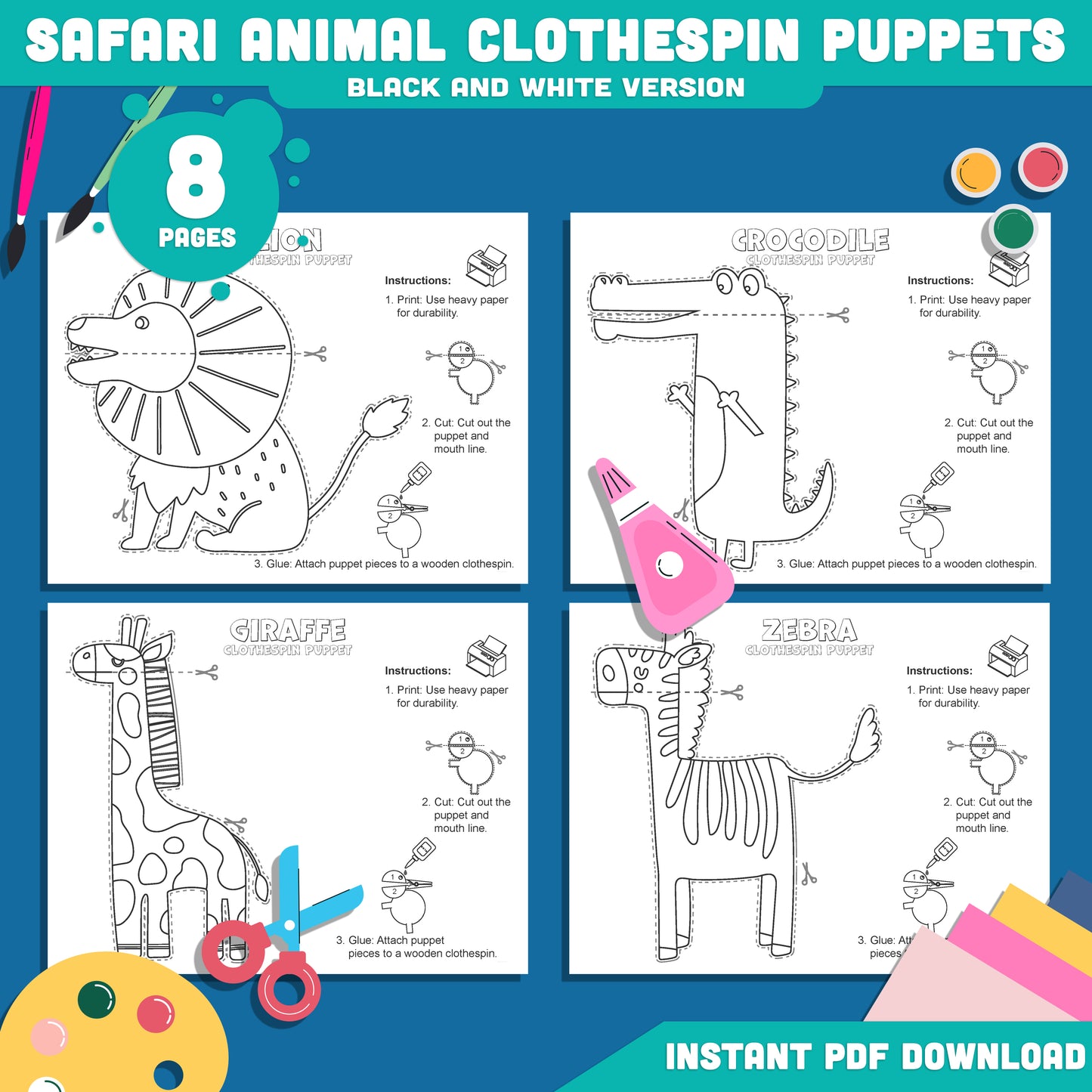 Safari Animal Clothespin Puppets: 8-Page Printable Craft, 4 Unique Designs with Pre-Colored & Black & White Versions, Great for Dramatic Play