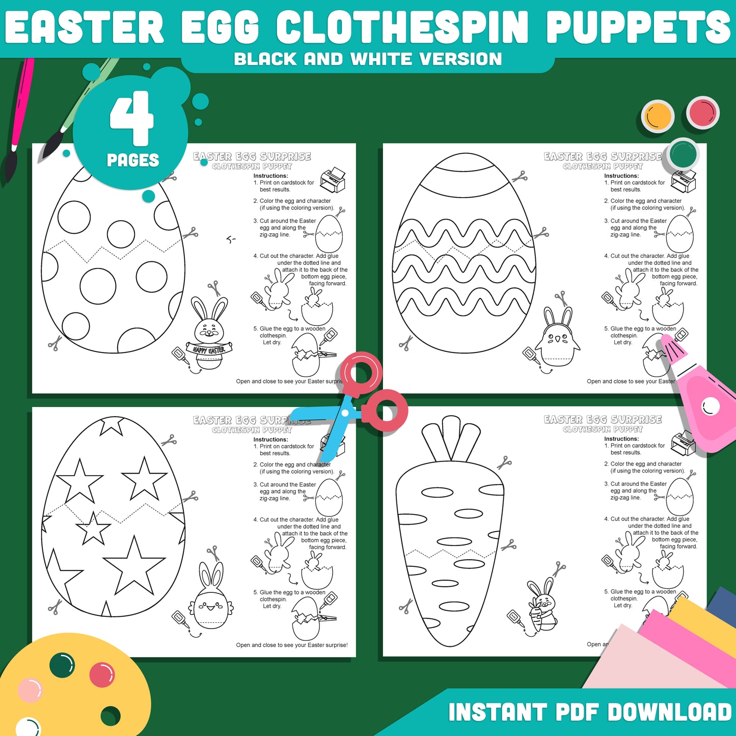 Easter Egg Surprise Craft Printable, Clothespin Puppets Template for Kids with Bunny and Chick, Spring Puppet Craft, 4 Designs, Instant Download